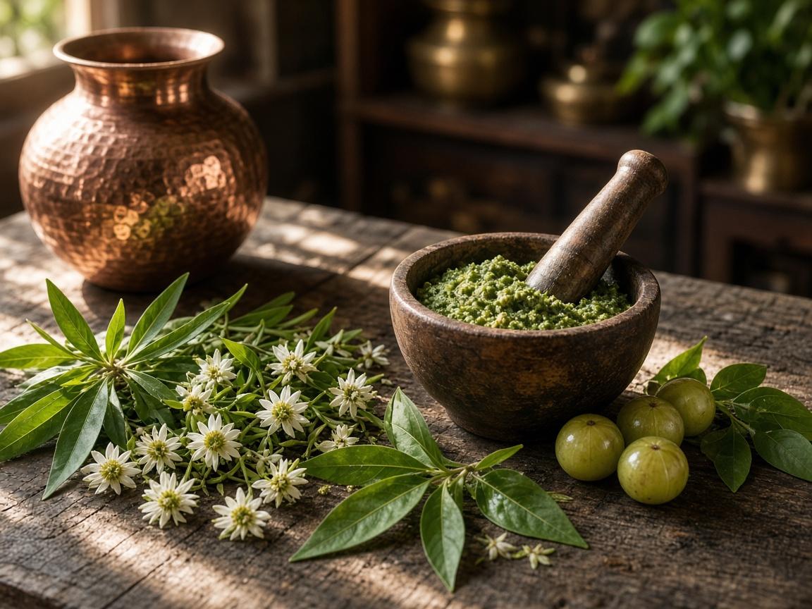 Traditional Ayurvedic herbs being prepared